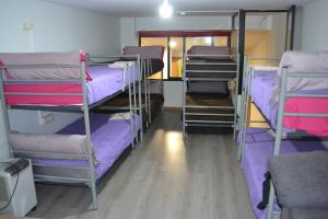 Zimmer mit 3 Etagenbetten mit lila Bettwäsche in der Unterkunft Santiago de Vilavella in Redondela