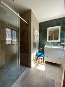 a bathroom with a shower and a sink and a mirror at Apartmenthaus Seiler in Quedlinburg