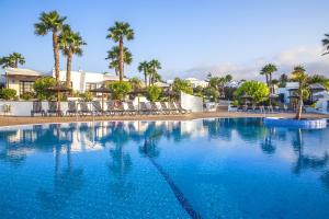 a large blue swimming pool with palm trees and buildings at Jardines del Sol in Playa Blanca