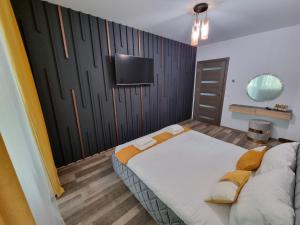um quarto com uma cama grande e uma televisão na parede em Luxury Apartments em Bacau