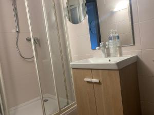 a bathroom with a sink and a shower at Mon Petit Orne Centre thermal Un-Séjour-à-Part in Rombas