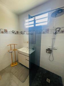 a bathroom with a shower and a sink at Charmant appartement coloré proche de la plage in Bouillante