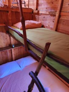 two bunk beds in a cabin with wooden walls at Luna treehouse in Preveza