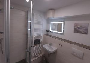 een witte badkamer met een wastafel en een douche bij Pension zur Eiche GmbH in Bad Schandau