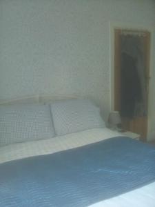 a bed with two pillows and a cat in a room at Welsh Homestay in Cardiff