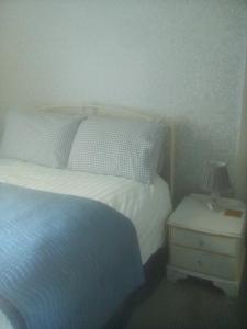 Welsh Homestay في كارديف: غرفة نوم بسرير ومصباح على موقف ليلي