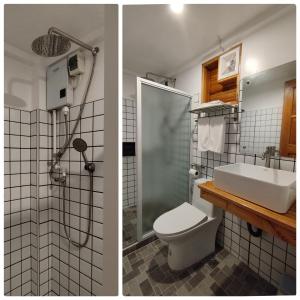 two pictures of a bathroom with a shower and a toilet at White Bada Guesthouse in Siquijor