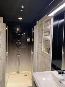 La salle de bains est pourvue d'une douche et d'un lavabo. dans l'établissement Dailly Chalet, à Couvin