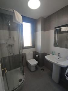 uma casa de banho com um WC, um lavatório e um chuveiro em Apartamento 6 personas Playa de Covachos em Soto de la Marina