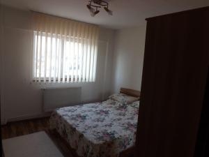 a small bedroom with a bed and a window at Mountain View in Câmpulung