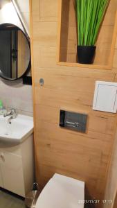 a bathroom with a toilet and a plant at Studio Matejki 29, BYTOM in Bytom