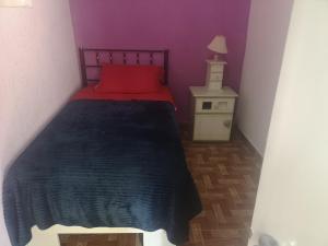 a bedroom with a bed with a red pillow and a night stand at Depa 2 recamaras Coyoacán in Mexico City