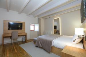 a bedroom with a bed and a desk and a television at Quinta da Riba Má in Santa Leocádia