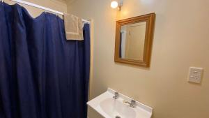 baño con cortina de ducha azul y lavamanos en National Park Backpackers en National Park