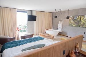 um quarto com uma cama grande e uma banheira em Fazenda Pedra Lisa Hotel Boutique em Brumadinho