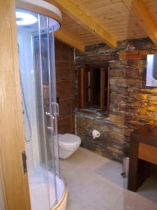 a bathroom with a toilet and a stone wall at Casa Princesa Peralta in Lousã