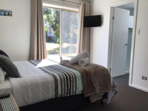 a bedroom with a bed and a large window at Boomers Retreat, Alonnah, Bruny Island in Alonnah