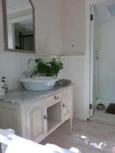 a bathroom with a white sink and a mirror at Featherbed in Somerset West