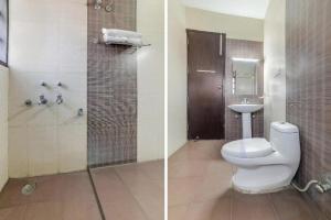 two pictures of a bathroom with a toilet and a shower at The Wind Cross in Kālka