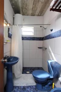 a bathroom with a blue toilet and a shower at Complejo Aguazul in La Pedrera