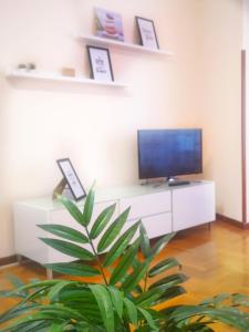 sala de estar con TV y planta en Apartamento CONFORT BEACH, 300 mtr playa, en Gijón