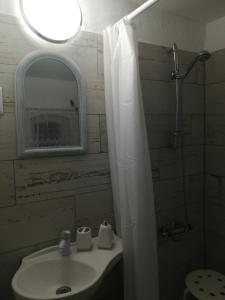 een badkamer met een wastafel en een douche met een spiegel bij Ferien in der Scheune in Dammerstorf
