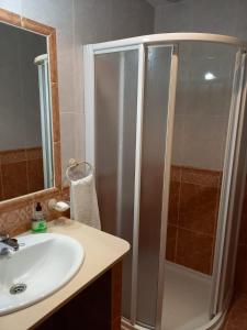 y baño con ducha, lavabo y lavamanos. en Casa Rural La Cerra en Navalguijo