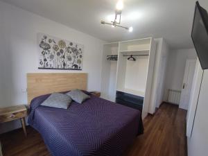 a bedroom with a purple bed and a mirror at Apartamento 6 personas Playa de Covachos in Soto de la Marina