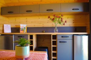 a kitchen with a table with a vase of flowers on a counter at Domaine Joseph LAFARGE Wine Resort Oeno-tonneaux expérience in Lugny