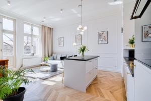 a kitchen with a island in the middle of a room at Luxury Apartment St. Sebastian in Krakow
