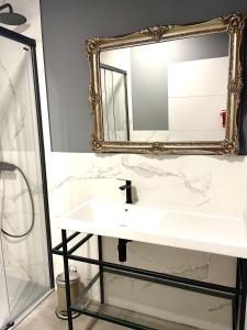 a bathroom with a white sink and a mirror at Lauramer Casco Viejo in Bilbao