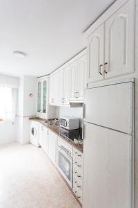 eine weiße Küche mit weißen Schränken und einem Kühlschrank in der Unterkunft Casa Goros II in Melide