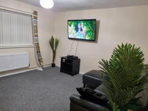 ein Wohnzimmer mit einem Sofa und einem TV an der Wand in der Unterkunft Nice Residential Within Easy Reach To Town in Manchester