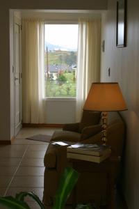 a living room with a couch and a lamp and a window at Patagonia Sur Apart Hotel in Ushuaia