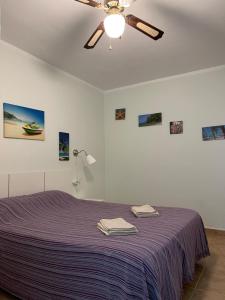 una camera con letto viola e ventilatore a soffitto di Apartment Playa las Vistas a Playa de las Americas