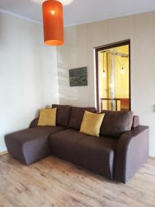 Sofá marrón en la sala de estar con espejo en Zaļais namiņš, en Ventspils