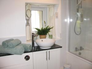 a bathroom with a sink and a glass shower at Wintergreen in Pitlochry