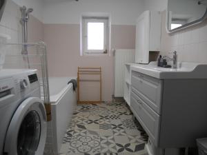 uma casa de banho com uma máquina de lavar roupa e um lavatório em Gîte Madeleine et Clémentine em Gueberschwihr