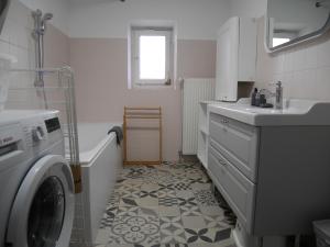 a bathroom with a washing machine and a sink at Gîte Madeleine et Clémentine in Gueberschwihr