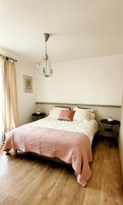 - une chambre avec un grand lit et une couverture rose dans l'établissement Appartement l'Isle sur Sorgue, à LʼIsle-sur-la-Sorgue