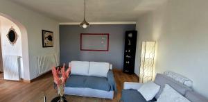 - un salon avec un canapé et une table dans l'établissement Appartement l'Isle sur Sorgue, à LʼIsle-sur-la-Sorgue