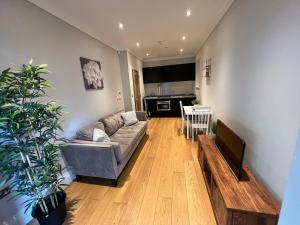 a living room with a couch and a table and a kitchen at Lovely modern 1 bedroom apartment in Hendon