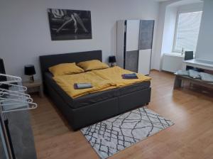 una camera da letto con un letto con una coperta gialla sopra di Apartmány HAVLÍČKOVA s parkováním zdarma a Česká Lípa