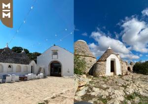 two pictures of a building with a church at Masseria Mangiato 1557 in Alberobello
