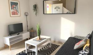 a living room with a tv and a couch at Maison T4 -Jardin+ Parking+ Clim -Proche Remparts in Aigues-Mortes
