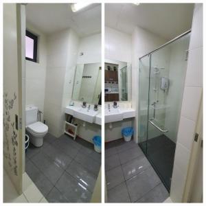 two pictures of a bathroom with a shower and a toilet at Hannah suite at cameronfair in Cameron Highlands