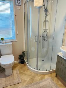 a bathroom with a shower with a toilet and a sink at Barakah Lodge with Hot Tub in York +11 photos