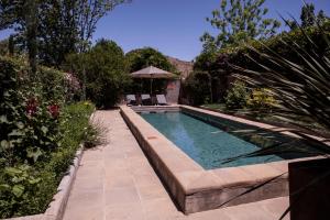 a swimming pool in a garden with an umbrella at The Onion Cottage in Nieu-Bethesda
