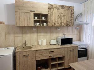 a kitchen with a sink and a microwave at Apartament Oskar in Jurilovca