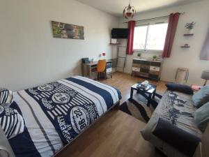 a bedroom with a bed and a couch and a desk at Studio centre ville tout confort in Nevers